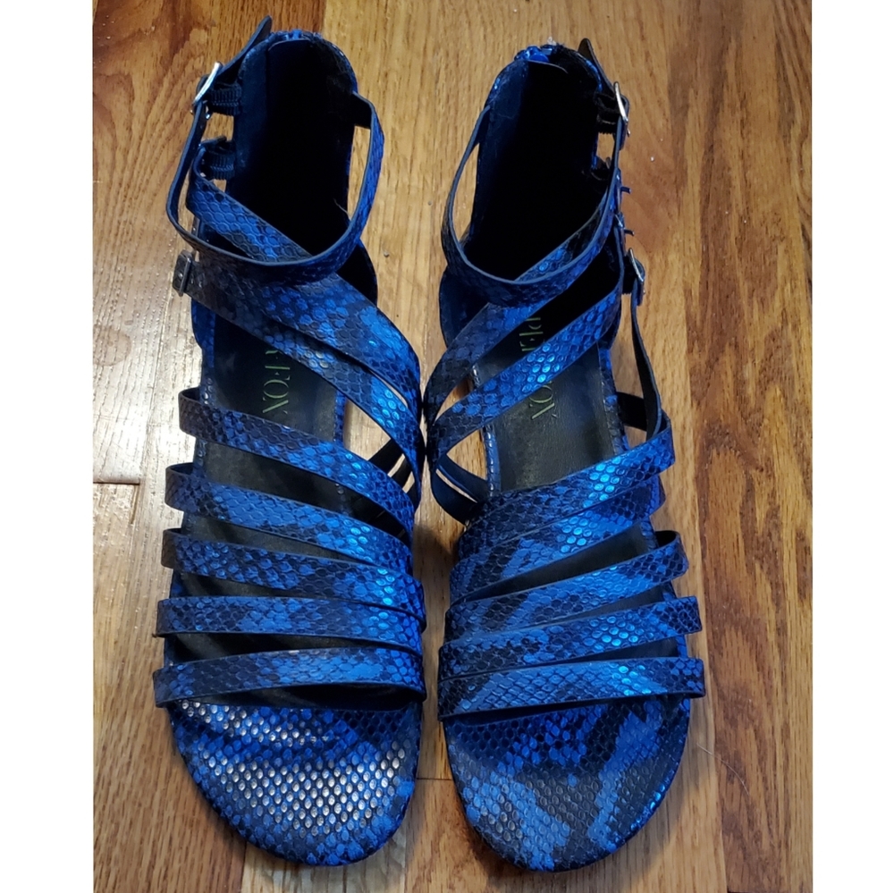 Paper Fox Pinka Strappy Blue Snake Print Sandals